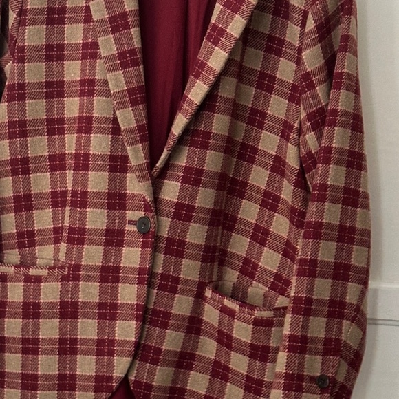 TREASURE & BOND Blazer jacket Burgundy red Tan Plaid academia boyfriend M - Picture 3 of 3